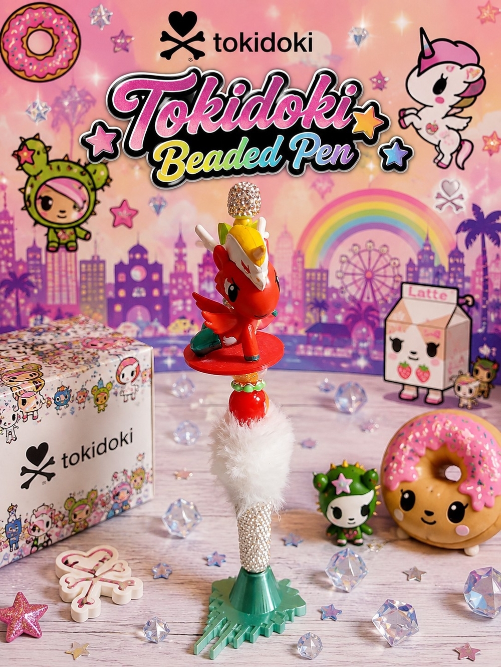 tokidoki Red, White & Green Beaded Pen with Unicorn Topper